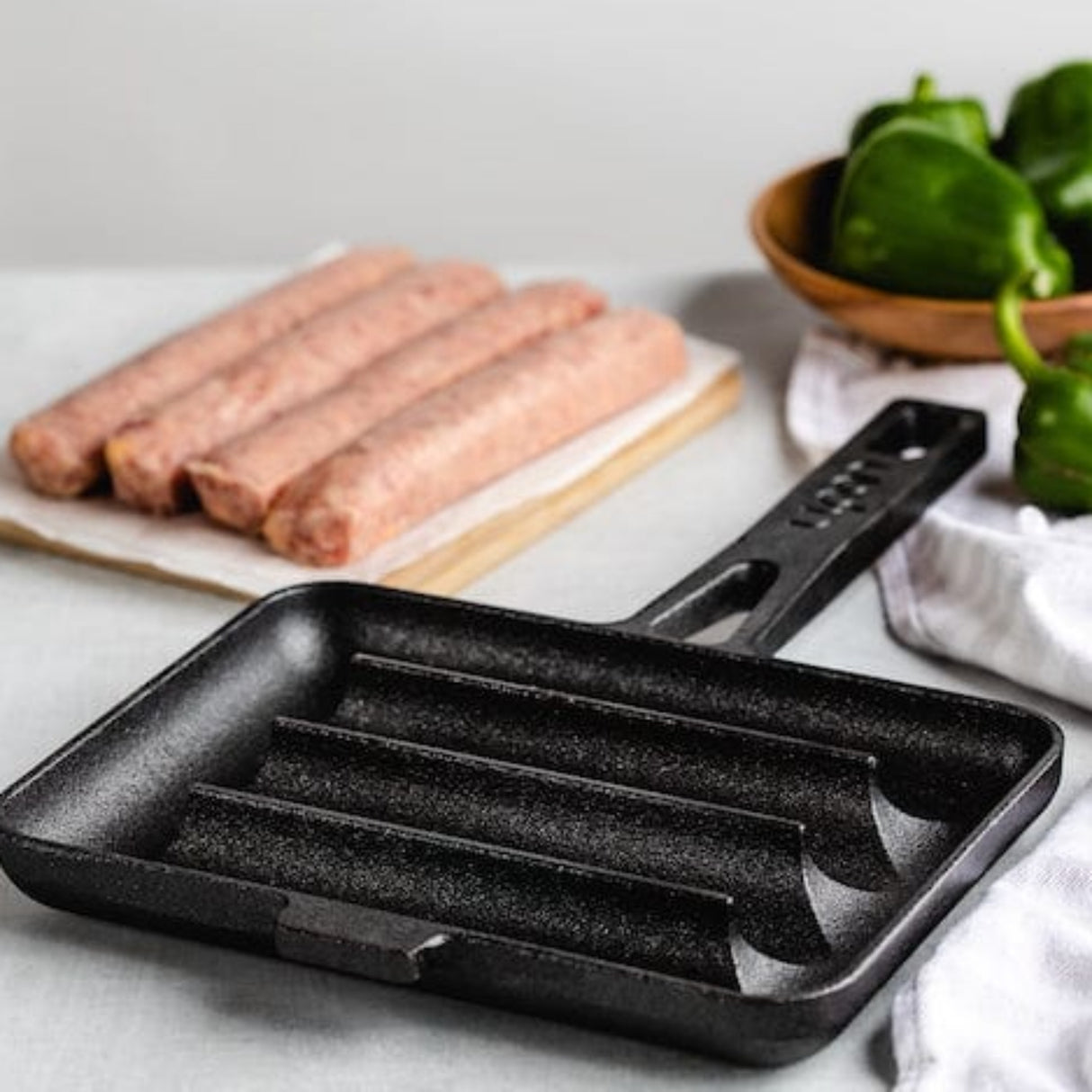 The Cast Iron Sausage Pan, oven, barbecue, sausage, ceramic